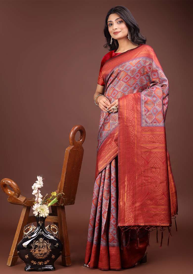 Grey Woven Zari Work Cotton Saree Set - Indya