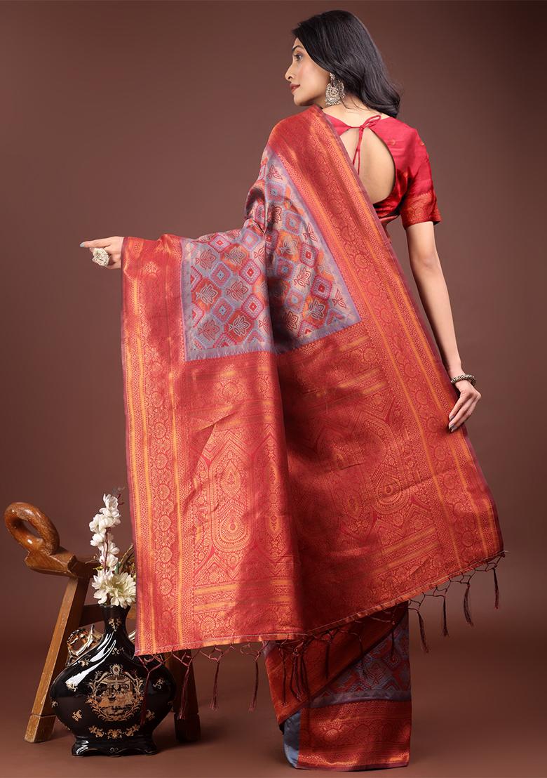 Grey Woven Zari Work Cotton Saree Set