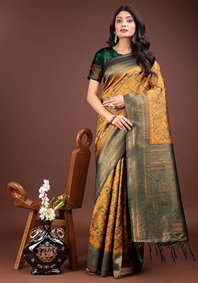 Yellow Woven Zari Work Cotton Saree Set