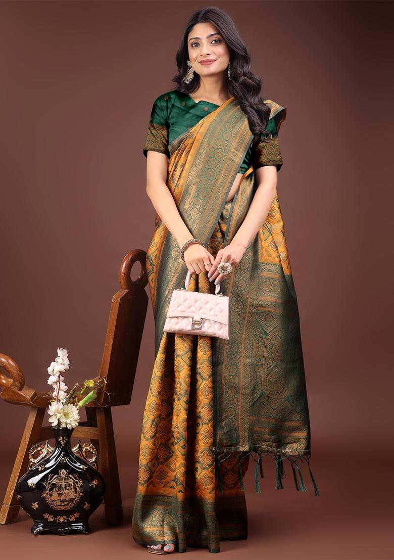 Yellow Woven Zari Work Cotton Saree Set