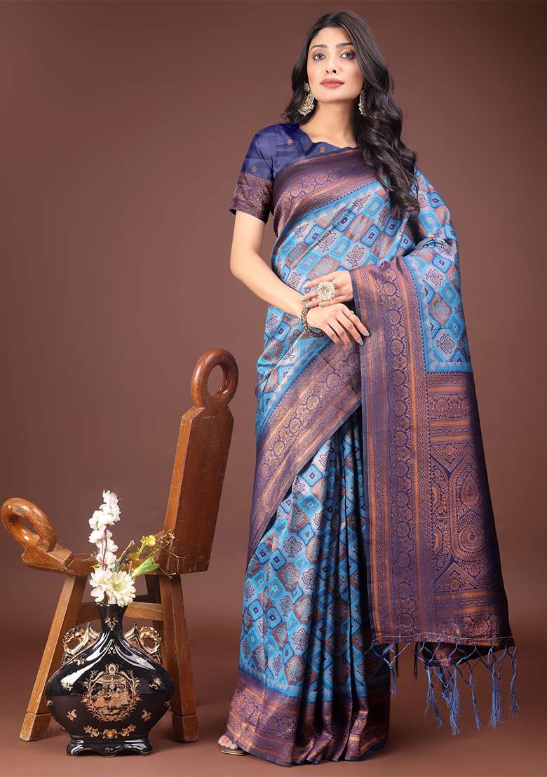 Sky Blue Woven Zari Work Cotton Saree Set - Indya