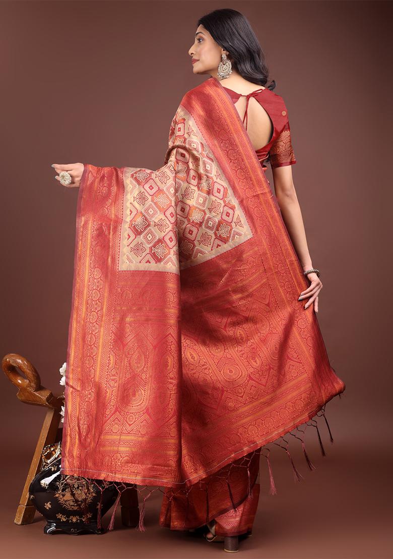 Cream Woven Zari Work Cotton Saree Set