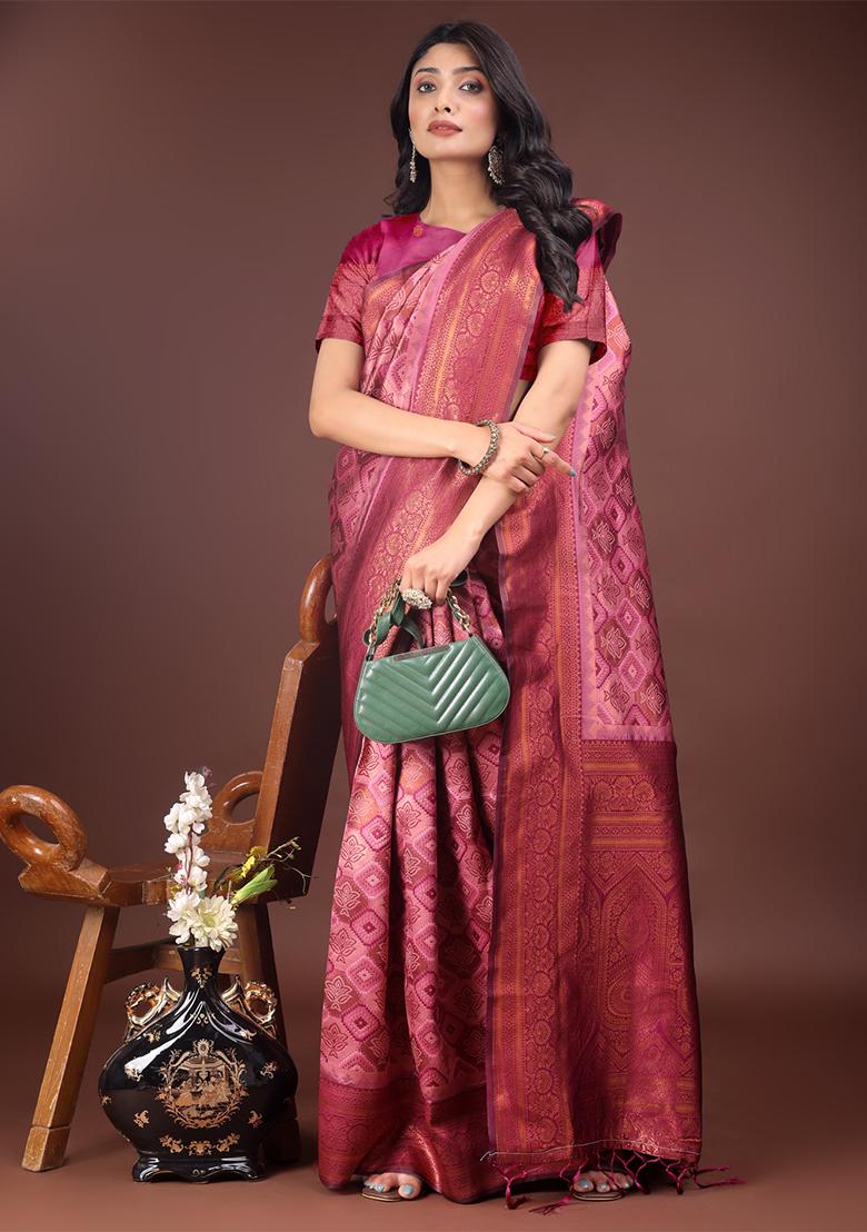 Light Pink Woven Zari Work Cotton Saree Set