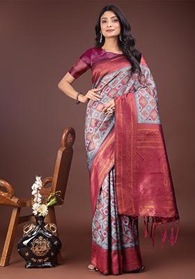 Teal Blue Woven Zari Work Cotton Saree Set