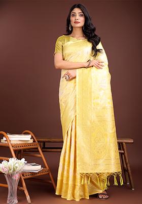 Yellow Woven Zari Work Cotton Saree Set
