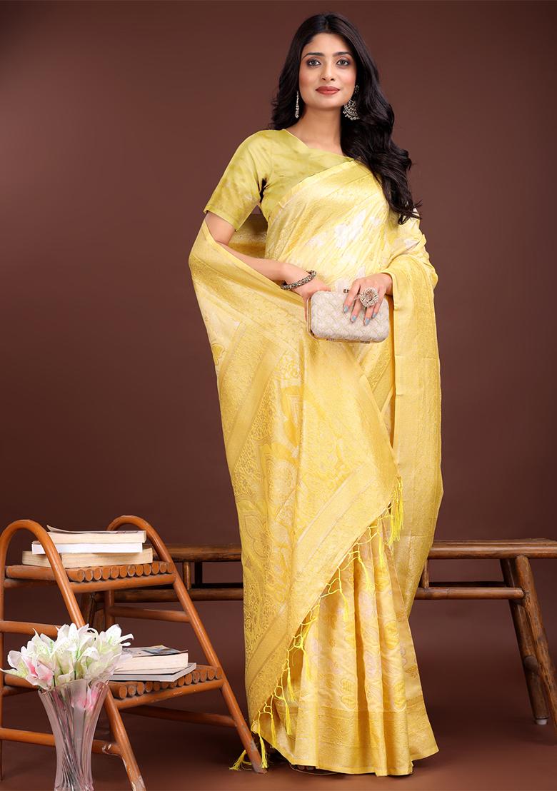 Yellow Woven Zari Work Cotton Saree Set