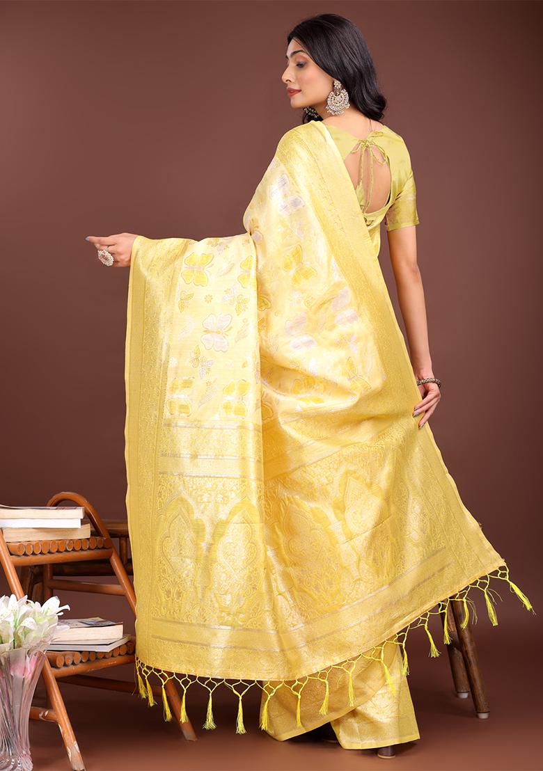 Yellow Woven Zari Work Cotton Saree Set