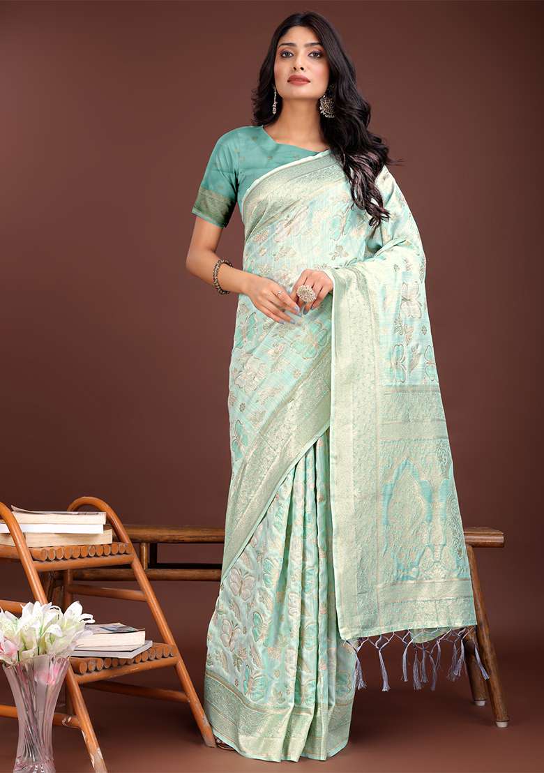 Sea Green Woven Zari Work Cotton Saree Set - Indya