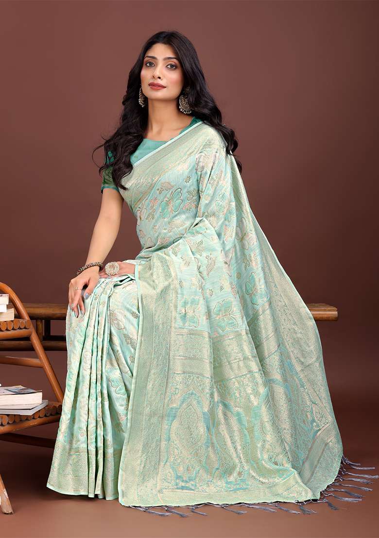 Sea Green Woven Zari Work Cotton Saree Set - Indya
