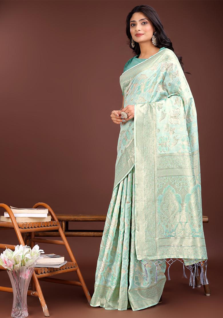 Sea Green Woven Zari Work Cotton Saree Set