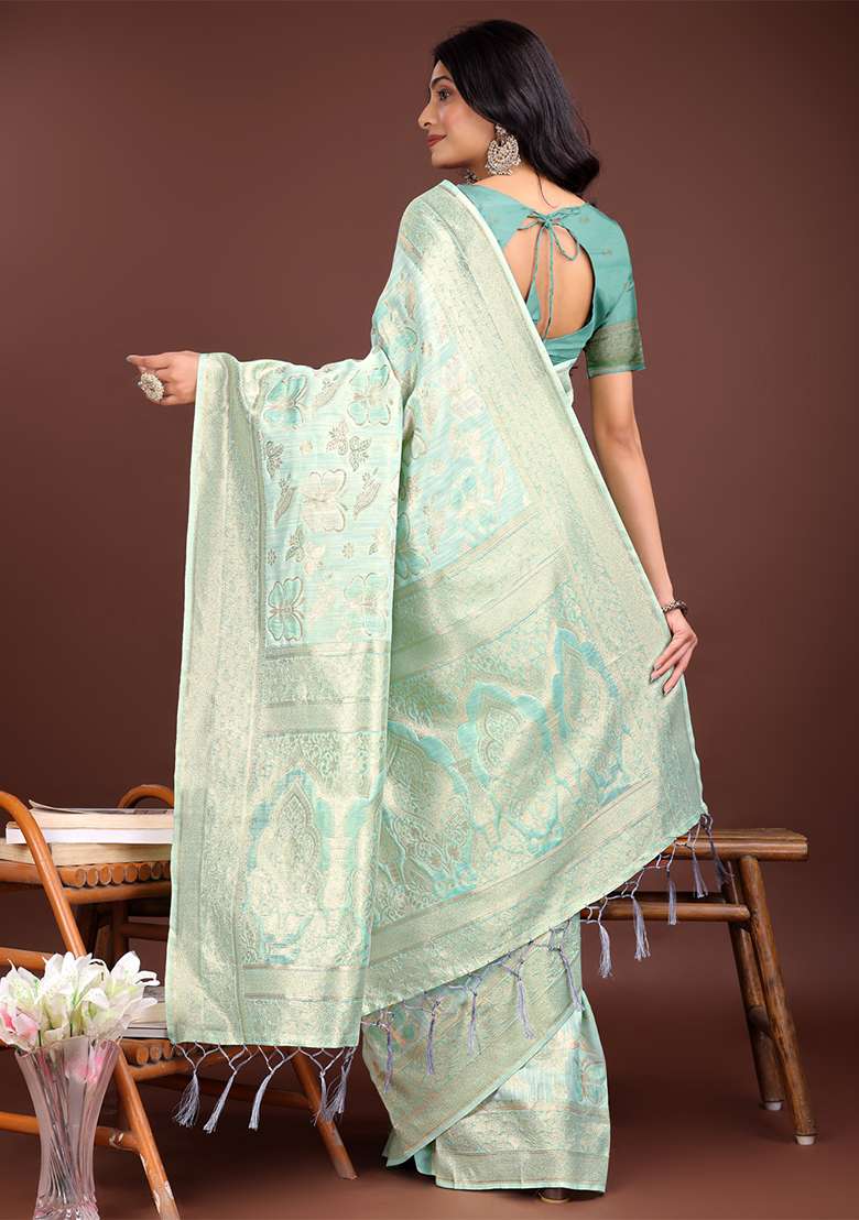 Sea Green Woven Zari Work Cotton Saree Set - Indya