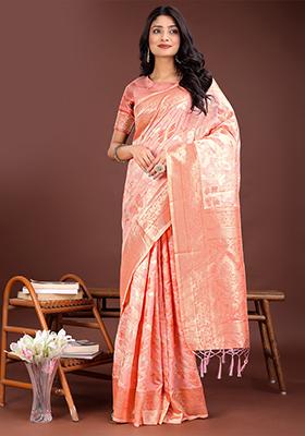Orange Woven Zari Work Cotton Saree Set
