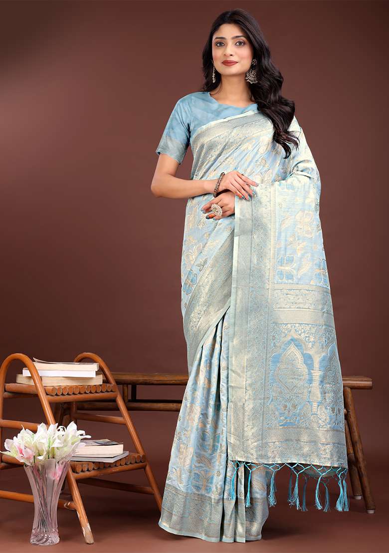 Sky Blue Woven Zari Work Cotton Saree Set - Indya