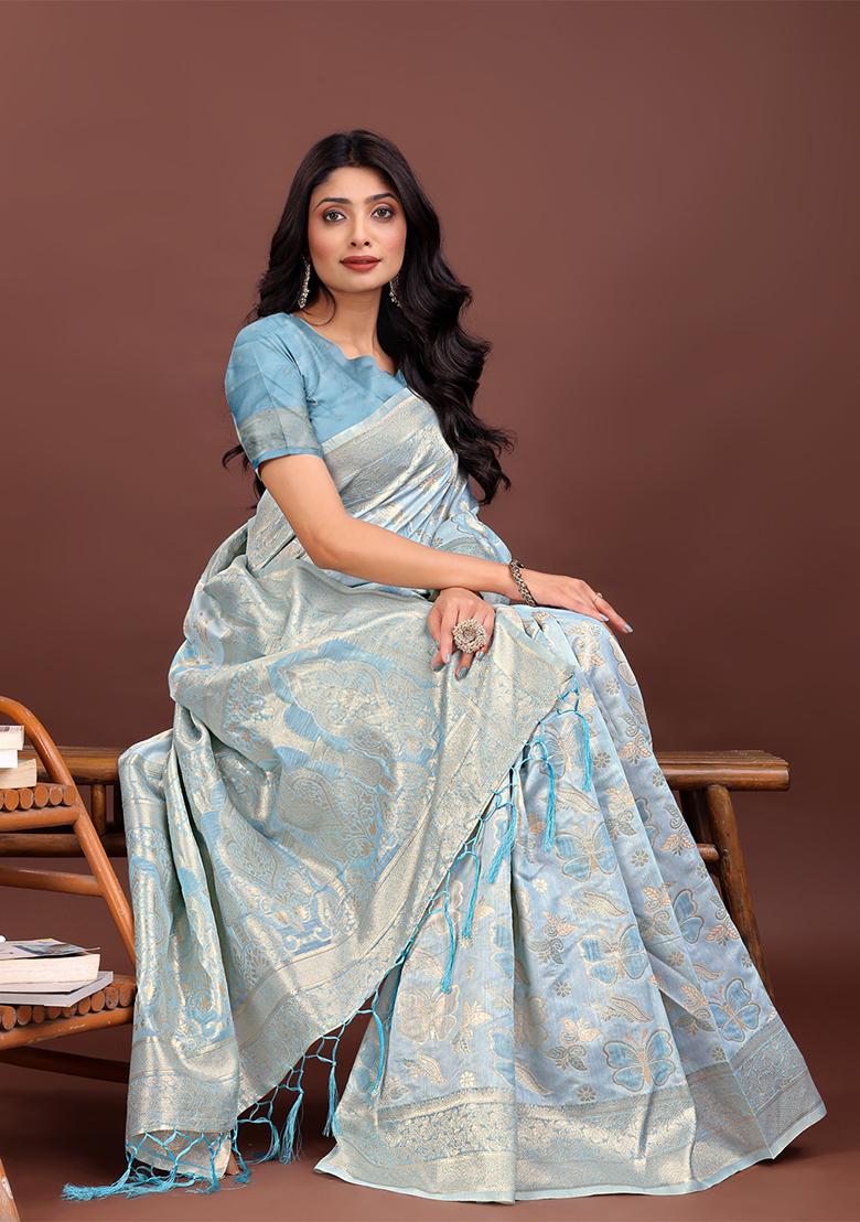 Sky Blue Woven Zari Work Cotton Saree Set