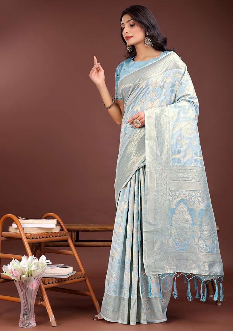 Sky Blue Woven Zari Work Cotton Saree Set - Indya