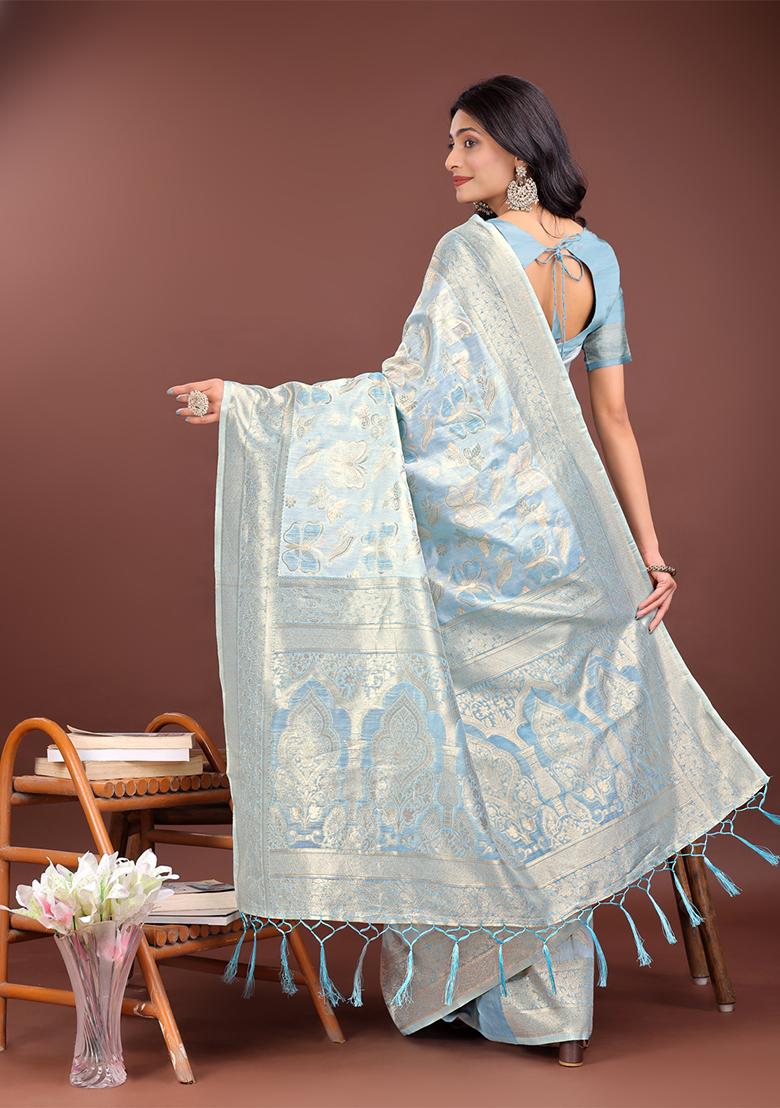 Sky Blue Woven Zari Work Cotton Saree Set