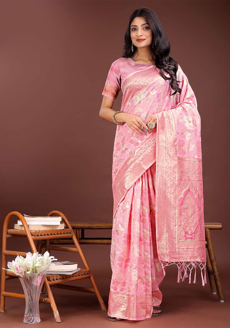 Pink Woven Zari Work Cotton Saree Set - Indya