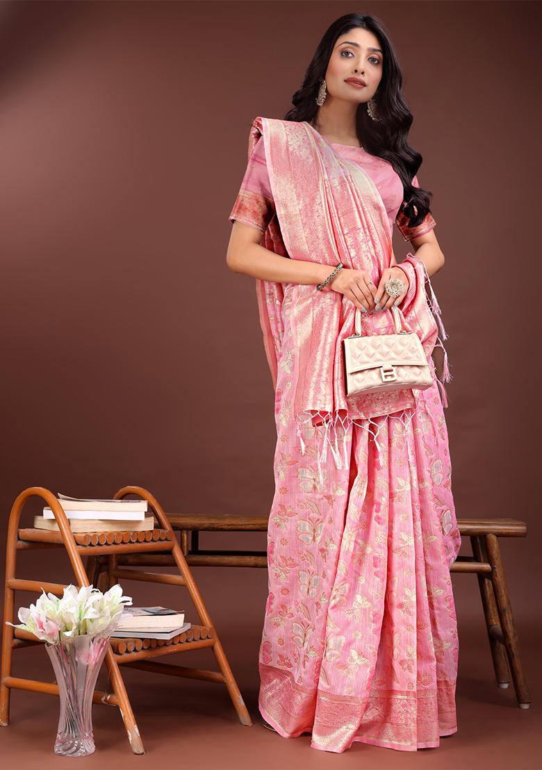 Pink Woven Zari Work Cotton Saree Set
