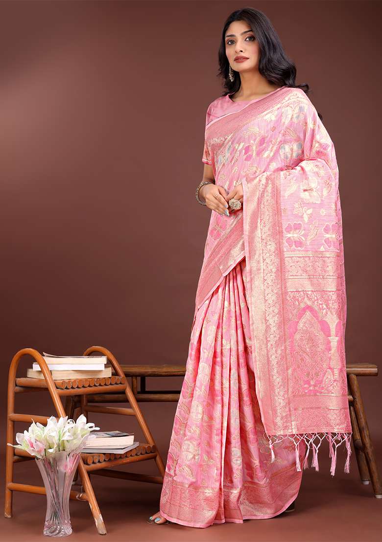 Pink Woven Zari Work Cotton Saree Set - Indya