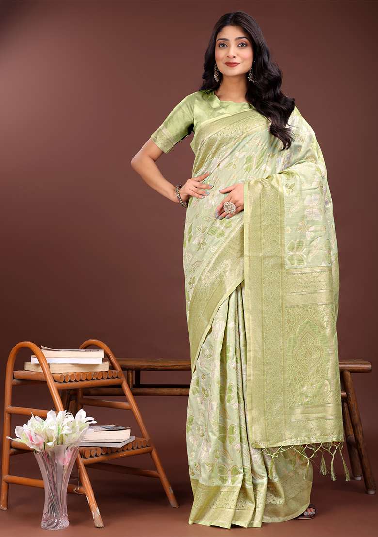 Light Green Woven Zari Work Cotton Saree Set - Indya