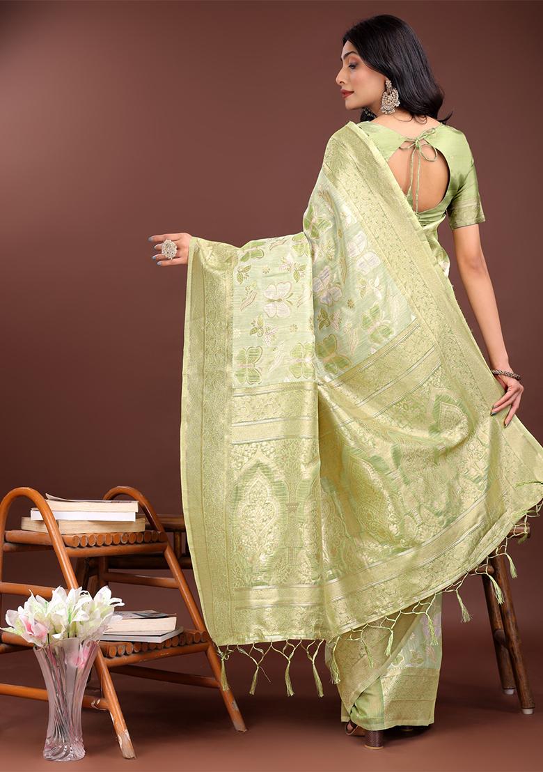 Light Green Woven Zari Work Cotton Saree Set