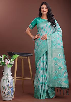 Sea Green Woven Zari Work Linen Cotton Saree Set