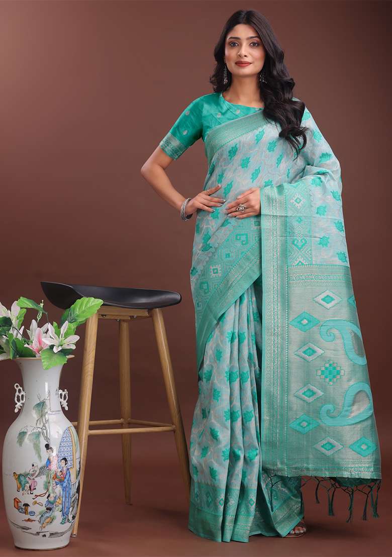 Sea Green Woven Zari Work Linen Cotton Saree Set - Indya
