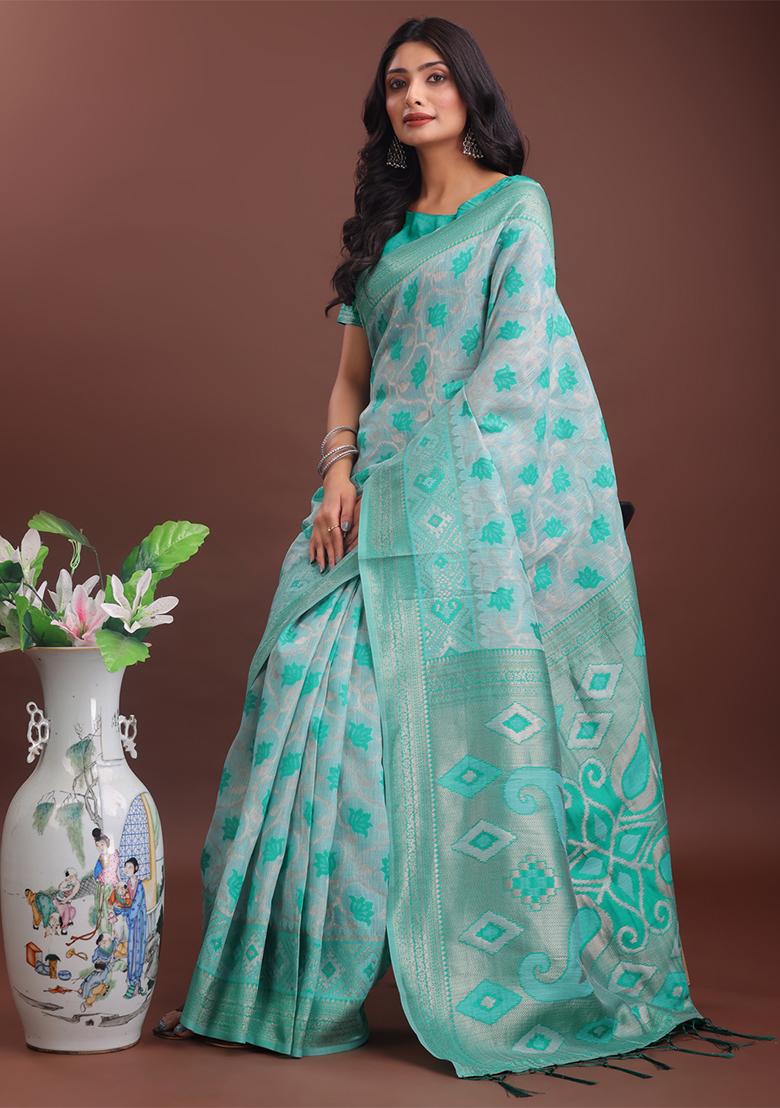 Sea Green Woven Zari Work Linen Cotton Saree Set