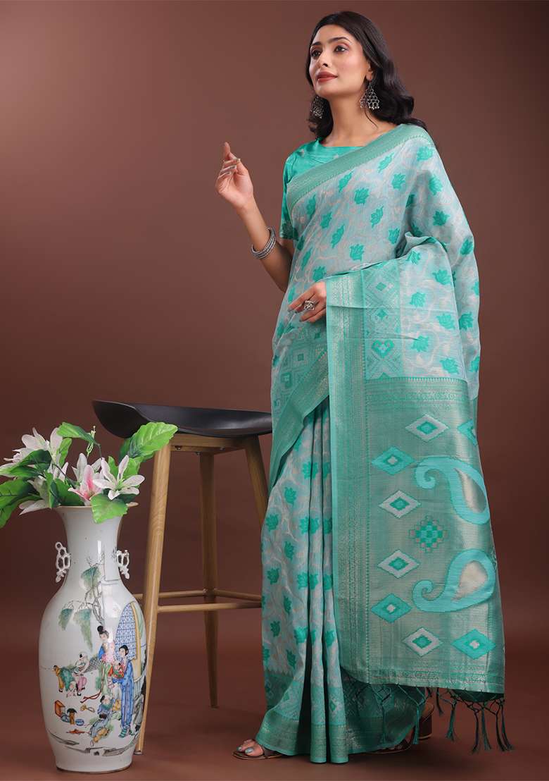 Sea Green Woven Zari Work Linen Cotton Saree Set - Indya