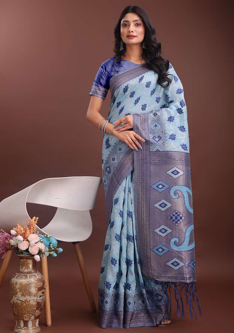 Sky Blue Woven Zari Work Linen Cotton Saree Set - Indya