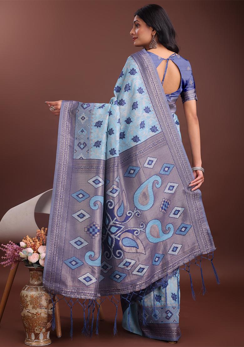 Sky Blue Woven Zari Work Linen Cotton Saree Set