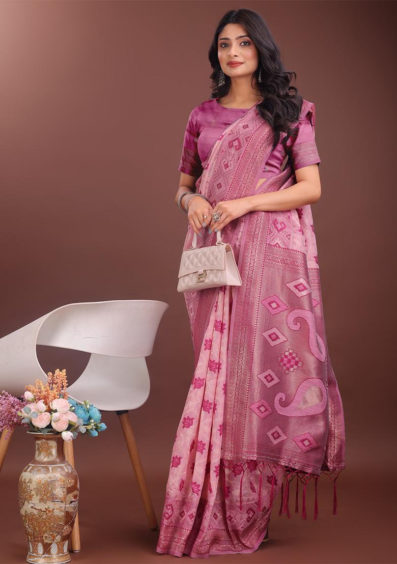 Light Pink Woven Zari Work Linen Cotton Saree Set