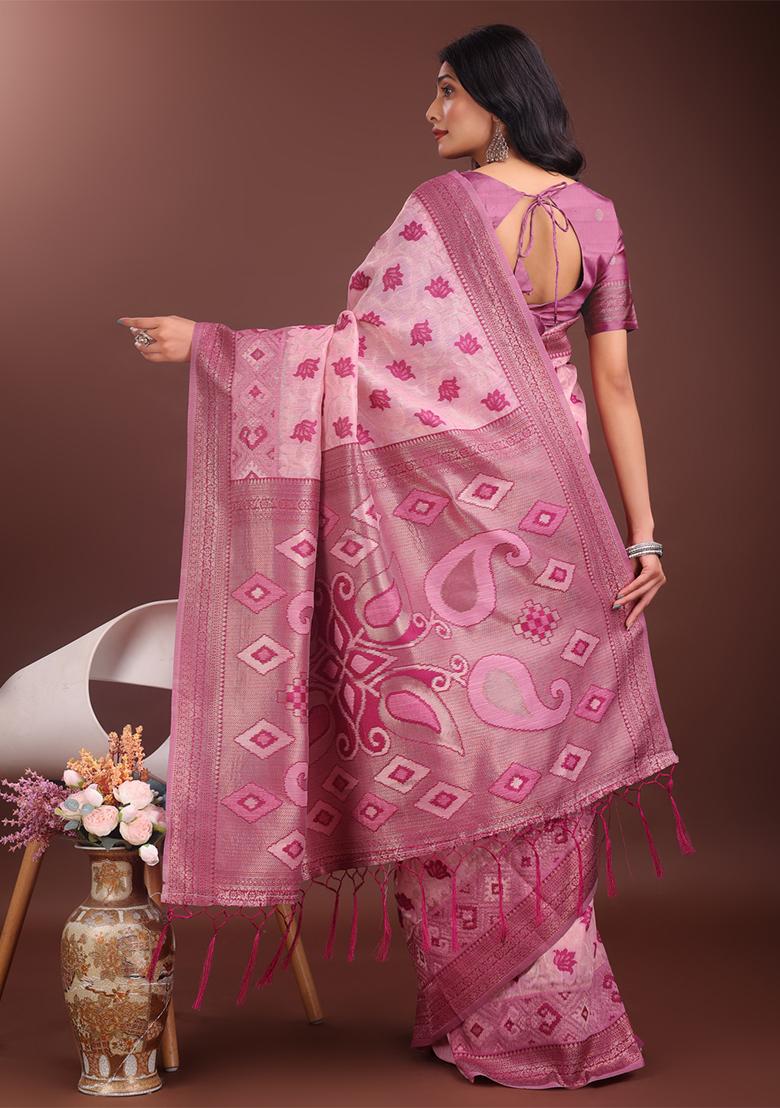 Light Pink Woven Zari Work Linen Cotton Saree Set