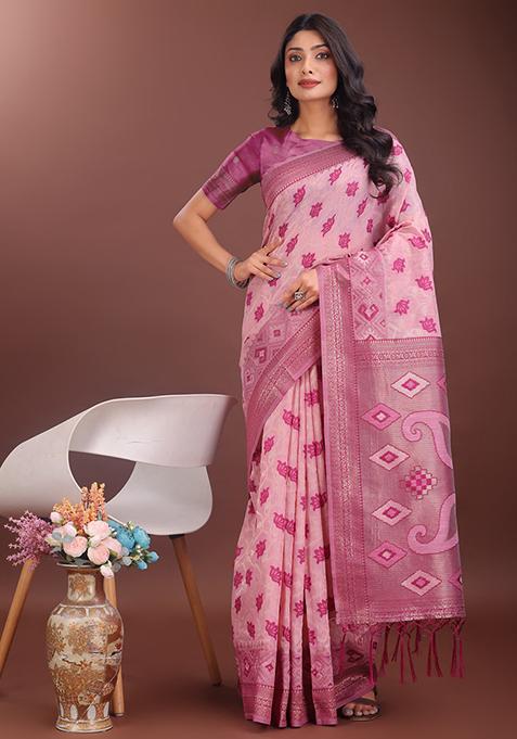 Light Pink Woven Zari Work Linen Cotton Saree Set