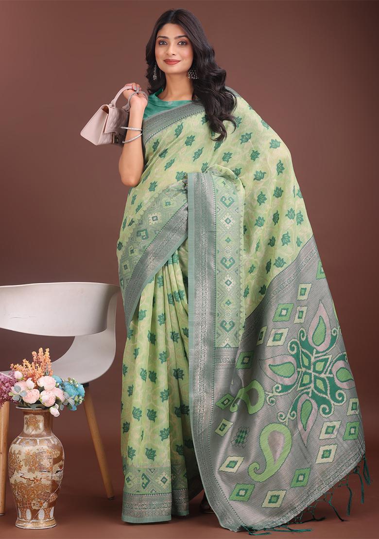 Light Green Woven Zari Work Linen Cotton Saree Set