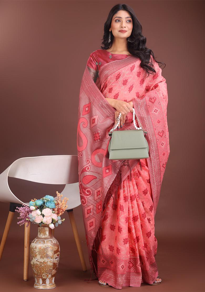 Peach Woven Zari Work Linen Cotton Saree Set