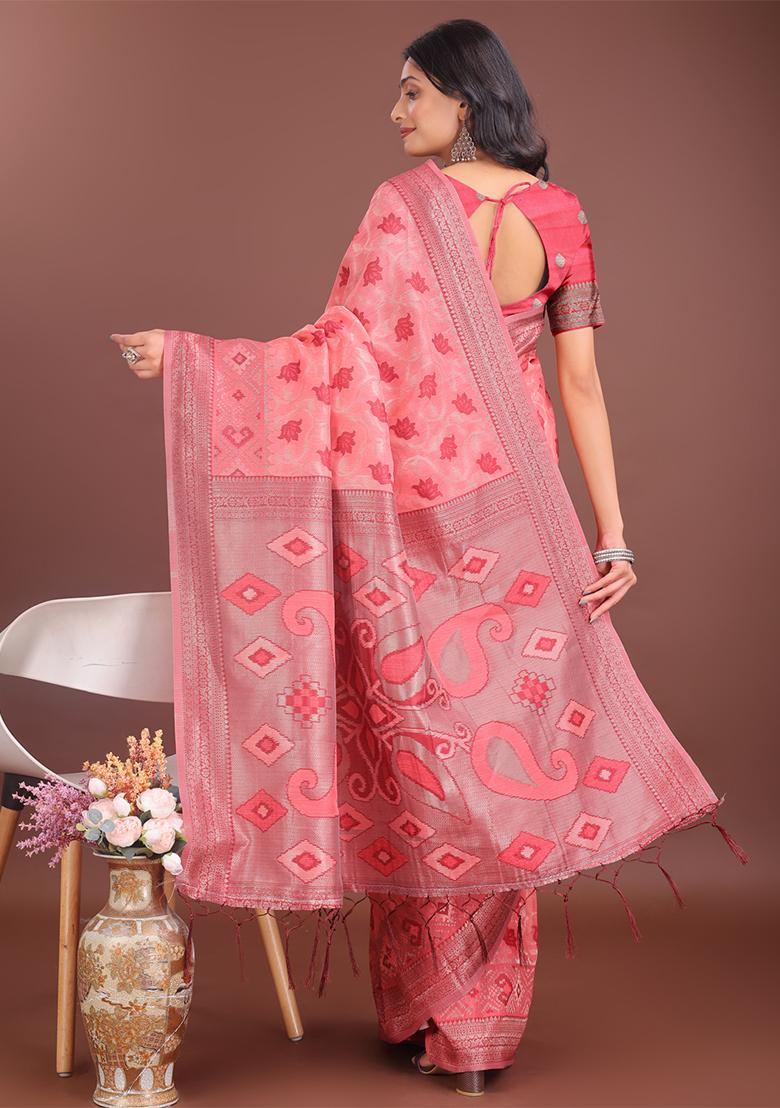 Peach Woven Zari Work Linen Cotton Saree Set