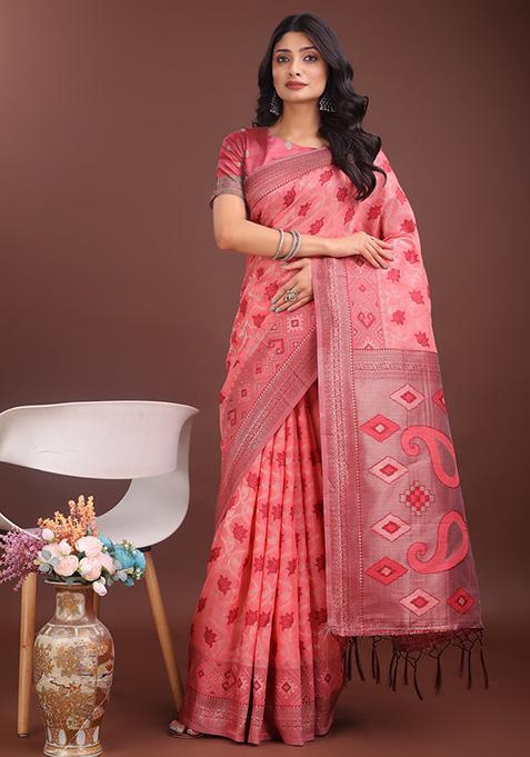 Peach Woven Zari Work Linen Cotton Saree Set