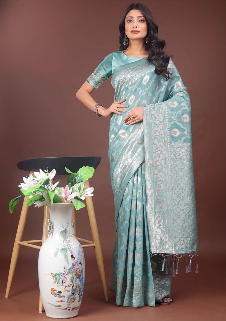 Sea Green Woven Zari Work Linen Cotton Saree Set - Indya