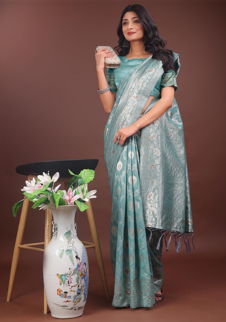 Sea Green Woven Zari Work Linen Cotton Saree Set