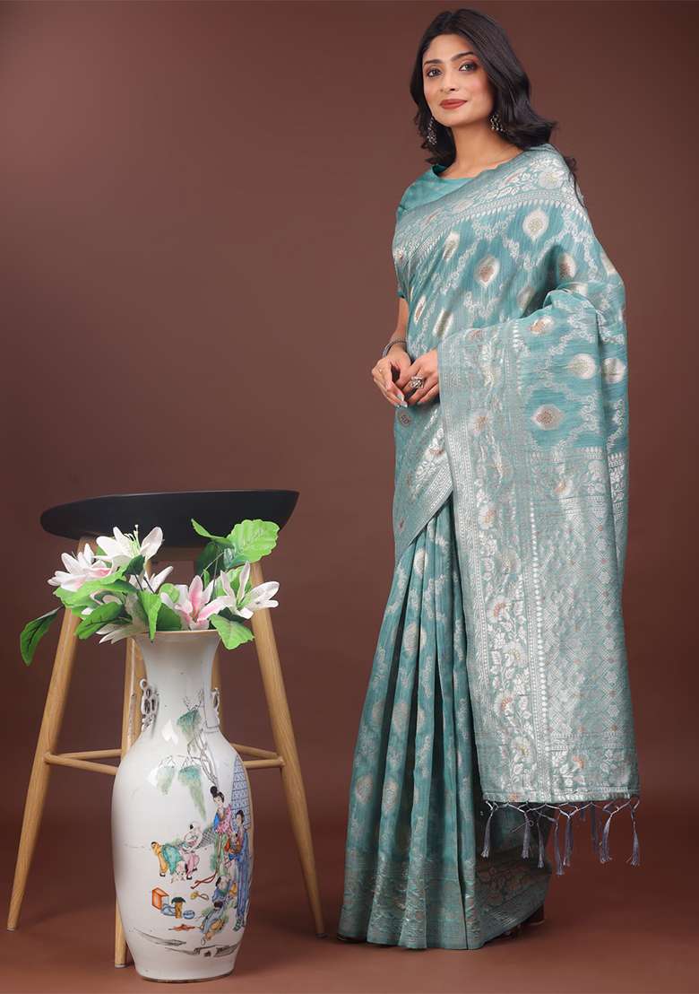 Sea Green Woven Zari Work Linen Cotton Saree Set - Indya