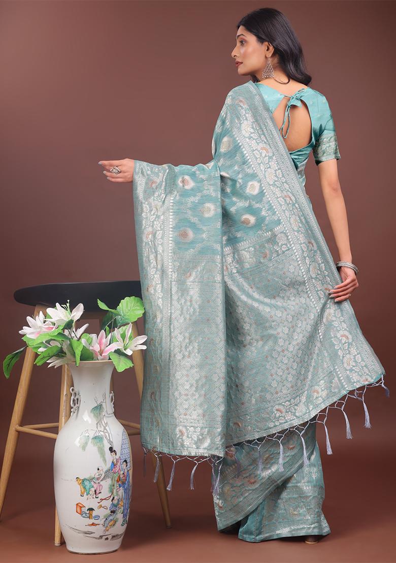 Sea Green Woven Zari Work Linen Cotton Saree Set