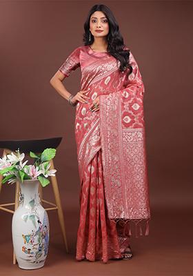 Peach Woven Zari Work Linen Cotton Saree Set