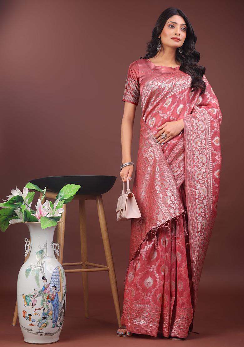 Peach Woven Zari Work Linen Cotton Saree Set
