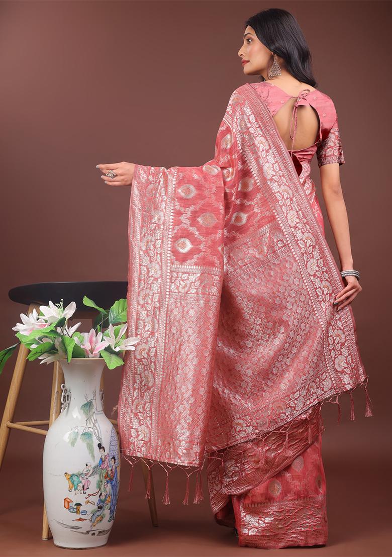 Peach Woven Zari Work Linen Cotton Saree Set