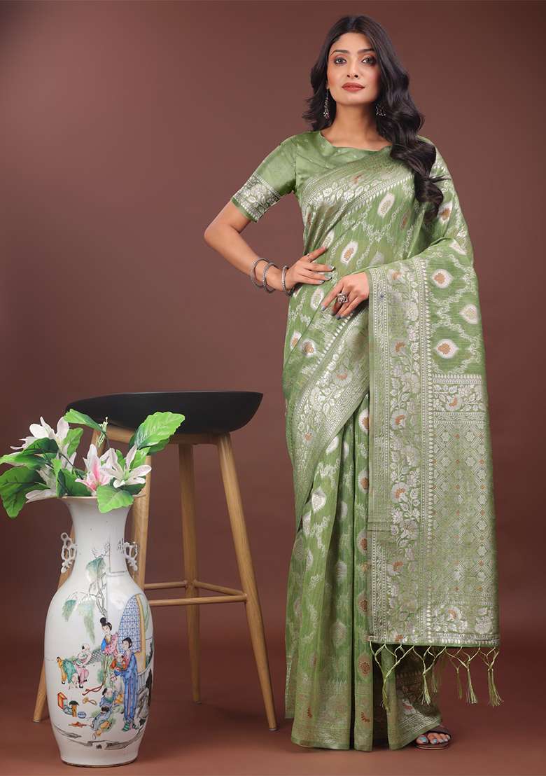 Light Green Woven Zari Work Linen Cotton Saree Set - Indya