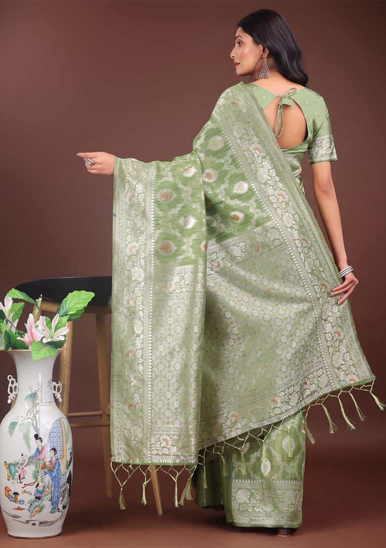 Light Green Woven Zari Work Linen Cotton Saree Set