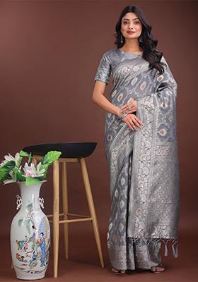 Grey Woven Zari Work Linen Cotton Saree Set