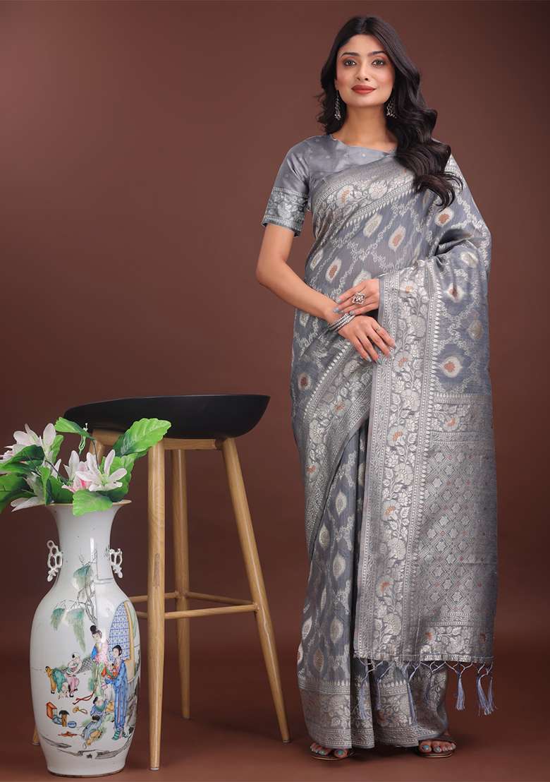 Grey Woven Zari Work Linen Cotton Saree Set - Indya