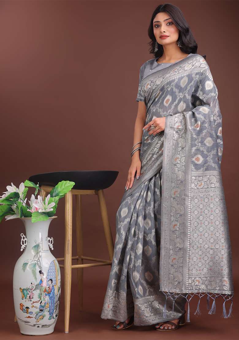 Grey Woven Zari Work Linen Cotton Saree Set - Indya